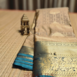 Golden and Teal Blue Semi Kanchi Pattu Saree with Rich Zari Weaving