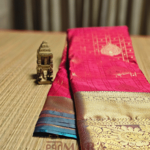 Red and Navy Blue Semi Kanchi Pattu Saree with Rich Zari Border