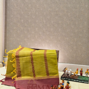 Kanchi Cotton Saree in Mustard Green with Maroon Contrast Border